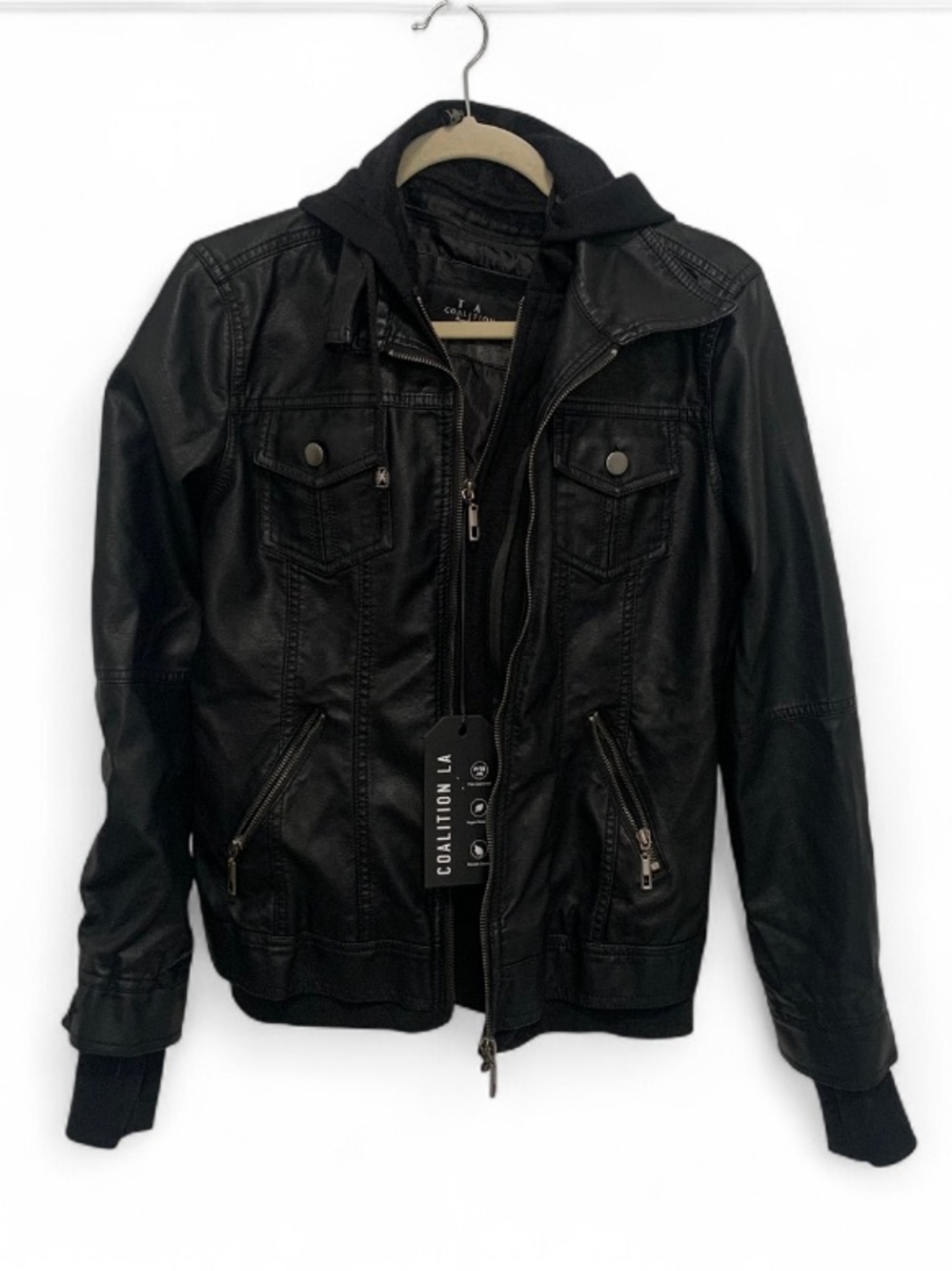 New with Tag Coalition LA Black Faux Leather Hooded Sweatshirt Moto Jacket